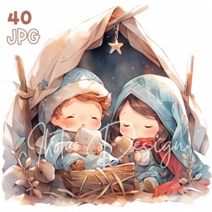 Nativity Scene Clipart - 40 High Quality JPGs - Digital Planner, Junk Journaling, Watercolor, Wall Art, Commercial Use, Digital Download