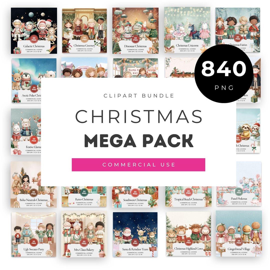Christmas Clipart Bundle, 840 Holiday PNG Images, Winter Fussy Cuts ...