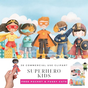 Puede incluir: Ilustración en acuarela de cinco niños superhéroes con capas, máscaras y disfraces. La imagen incluye el texto "30 COMMERCIAL USE CLIPART" y "SUPERHERO KIDS" con "FREE POCKET & FUSSY CUTS" debajo. El fondo es un cielo azul con edificios de la ciudad.