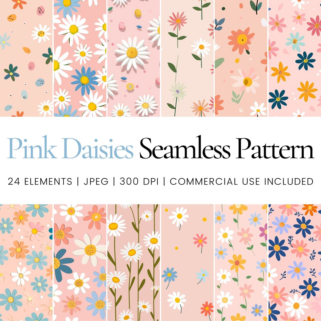 Pink Daisies Seamless Pattern, Pastel Daisy Digital Paper Pack Floral ...
