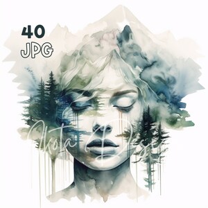Double Exposure Clipart - 40 High Quality JPGs - Digital Planner, Junk Journaling, Watercolor, Wall Art, Commercial Use, Digital Download