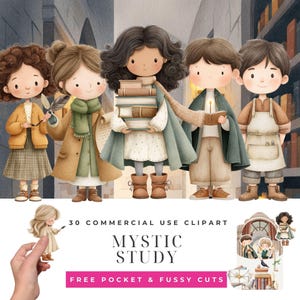 May include: A watercolour illustration featuring five cartoon children in a library. The children are dressed in vintage clothing and holding books, a quill, and a candle. The image includes the text "30 Commercial Use Clipart" and "Mystic Study".