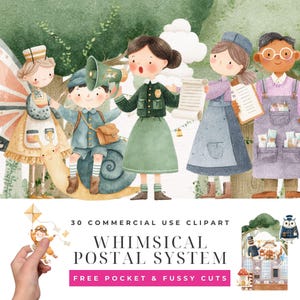 Puede incluir: Un conjunto de ilustraciones digitales con personajes en un entorno forestal, incluyendo un hada, un niño sobre un caracol, una persona con un megáfono y otros con correo. Texto: 30 COMMERCIAL USE CLIPART WHIMSICAL POSTAL SYSTEM FREE POCKET & FUSSY CUTS.