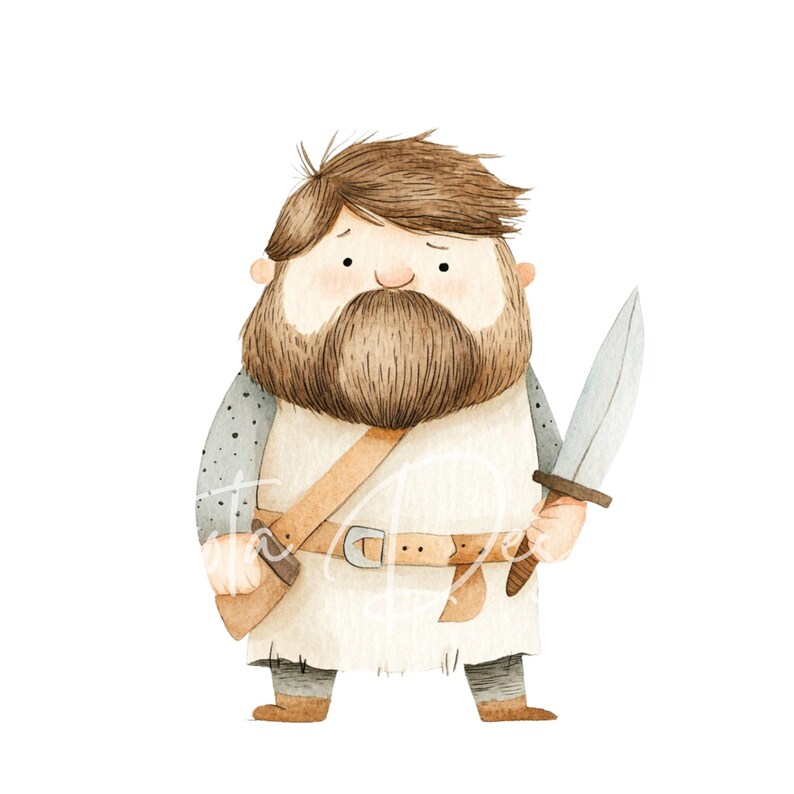 May include: A cartoon illustration of a bearded man wearing a brown leather belt and a white tunic, holding a silver sword in his right hand.