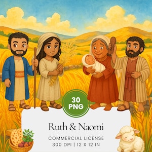 Puede incluir: Una ilustración de la historia bíblica de Rut y Noemí. La imagen muestra cuatro figuras en un campo de trigo, con el texto "Ruth & Naomi" en la parte inferior. Una anciana sostiene a un bebé. También se muestra un cordero y una cesta de comida.
