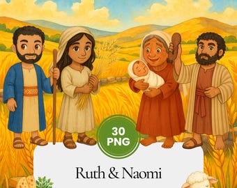 Bible story Ruth and Naomi clipart, watercolor Christian PNG bundle, kids Bible characters, printable fussy cuts, faith-based designs