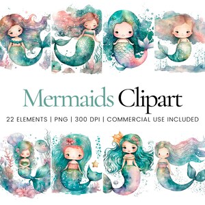 Meer Meerjungfrau Clipart - 22 hochwertige PNGs - Digitaler Planer, Junk Journaling, Aquarell, kommerzielle Nutzung, digitaler Download