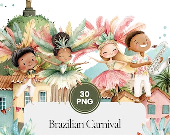 Brazilian carnival watercolor clipart, samba dancers feathers drums and Rio scenery, festive cultural celebration art for invitations crafts