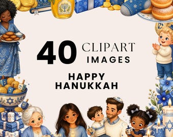 Hanukkah Clipart, Jewish Holiday PNG, Menorah Family Illustrations, Watercolor Hanukkah Characters, Dreidel Gelt Art, Commercial Use