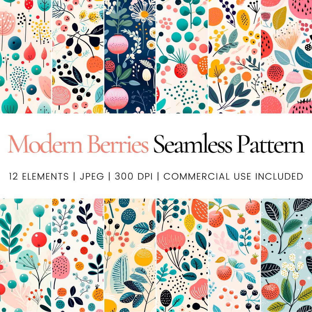 Modern Berries Seamless Pattern Bundle, Scandinavian Berry Digital ...