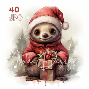Christmas Baby Sloth Clipart - 40 hoge kwaliteit JPG's - Digitale Planner, Junk Journaling, Aquarel, Commercieel Gebruik, Digitale Download