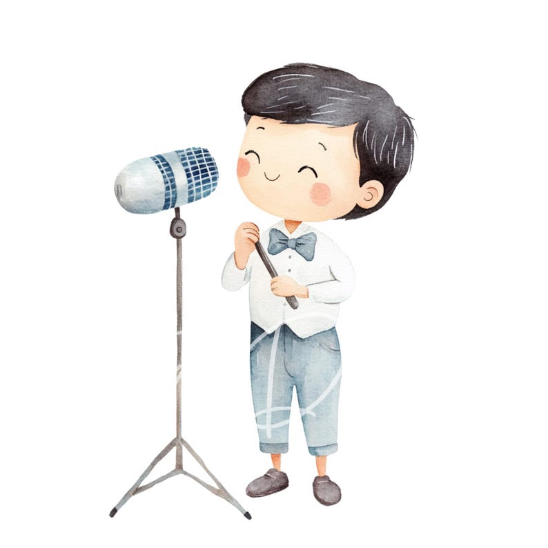 May include: A watercolor illustration of a young person singing into a microphone on a stand. The person is wearing a white shirt with a blue bow tie and blue pants. The microphone is silver with a black grill.