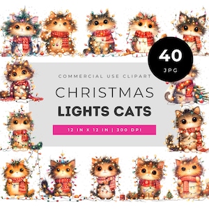 Christmas lights cats clipart bundle, adorable watercolor kittens wrapped in festive string lights and scarves for holiday cards & stickers