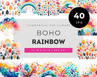 Boho regenboog clipartset, kleurrijke abstracte regenboogillustraties voor knutselwerkjes, moderne boho-kunstelementen voor stickers en scrapbooking