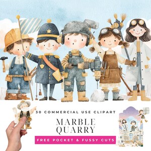 Può includere: Set di clipart ad acquerello con figure illustrate in varie professioni, tra cui un operaio edile, un soldato e uno scienziato. L'immagine include il testo "Marble Quarry" e "30 Commercial Use Clipart."