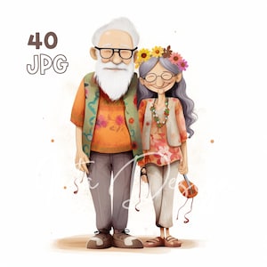 Hippie Grandparents Clipart - 40 High Quality JPG - Digital Planner, Junk Journaling, Watercolor, Wall Art, Commercial Use, Digital Download
