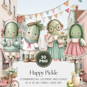 Happy Pickle Watercolor Clipart Bundle, kawaii vegetable character PNG illustrations, cute kids food art for crafts, funny pickle drawing