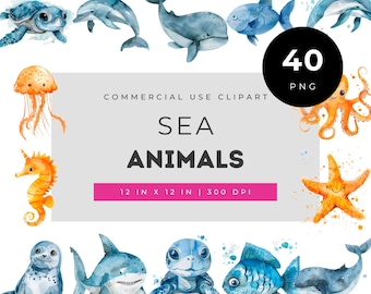 Sea animals clipart, watercolor sea animals illustration, ocean animals watercolor art, marine life clipart set, cute sea creatures art