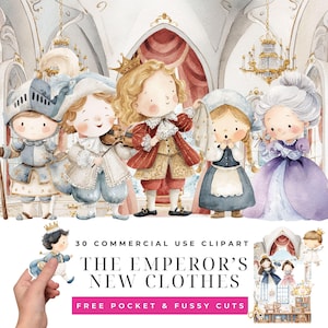Puede incluir: Ilustración en acuarela con personajes de "El traje nuevo del emperador". La imagen incluye un caballero, un príncipe y otras figuras con vestimenta de época. El texto dice "El traje nuevo del emperador" y "30 imágenes prediseñadas de uso comercial."