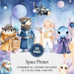 Space Pirates Clipart - 30 PNG - Digitaler Planer, Junk Journaling, Aufkleber, kommerzielle Nutzung, Sublimation, Scrapbooking, Karten, Tasse, Geburtstag