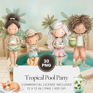 Tropical Summer Pool Party Clipart, Pastel Watercolor Beach Girls, Cute Summer PNG Bundle, Swimming Kids Illustrations for Invitations