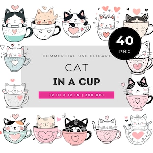 Conjunto de Clipart de Gatos Fofos em Xícaras com Ilustrações Kawaii de Gatos em Canecas de Café, Estilo Doodle, Desenhadas à Mão para Adesivos e Cartões.