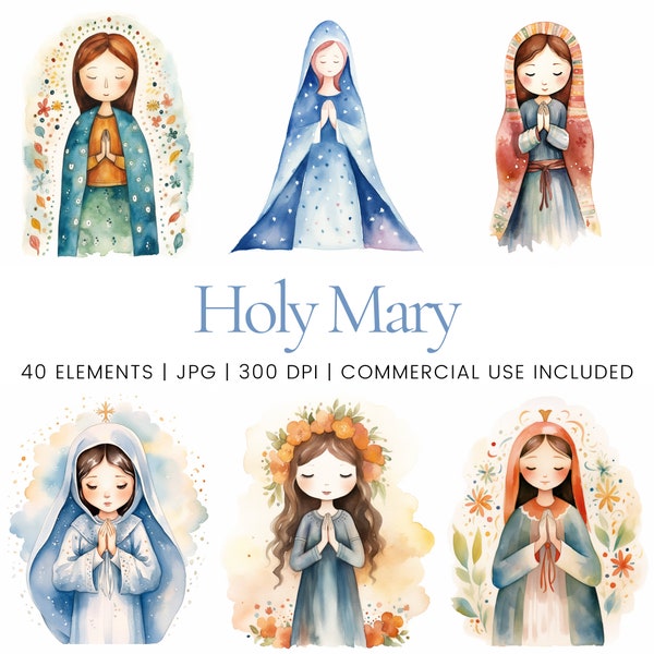 Holy Mary Clipart - 40 High Quality JPG - Digital Planner, Junk Journaling, Watercolor, Wall Art, Commercial Use, Digital Download, Mugs