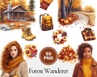 May include: A digital collection of 50 PNG files titled Forest Wanderer, featuring autumn-themed illustrations including a log cabin, yellow work boots, leather gloves, a backpack, pumpkins, a wreath, sunflowers, and a pile of fall leaves.