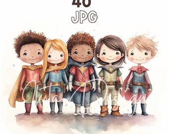 Superhero Kids Clipart - 40 High Quality JPG - Digital Planner, Junk Journaling, Watercolor, Wall Art, Commercial Use, Digital Download, Mug