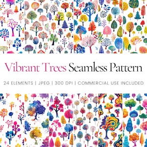 Motif d'arbres vibrants sans couture, fond de forêt coloré pour projets de tissu sur le thème de la nature, papier peint pour chambre d'enfants, art du papier d'emballage