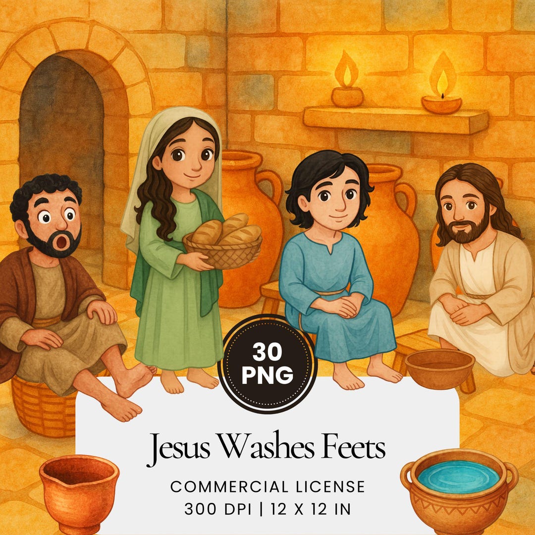 Bible Story Jesus Washes Disciples Feet Clipart Bundle, Watercolor ...