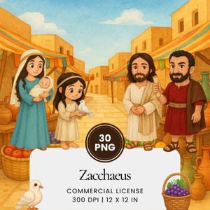 Puede incluir: Ilustración en acuarela de una escena bíblica con figuras vestidas con atuendos antiguos. Una mujer sostiene a un bebé, una niña sostiene una paloma y dos hombres están cerca. La imagen tiene una paleta de colores cálidos y un fondo de mercado. Incluye el texto "Zacchaeus".