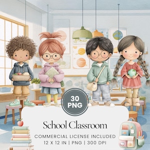 Primary School Classroom Clipart Bundle, Watercolor Teacher Student Illustrations, Pastel School Scene PNG Set for Learning Projects