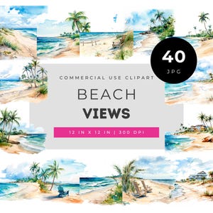 Watercolor beach views clipart bundle, coastal ocean landscape illustrations for scrapbooking and crafts, seaside printable set 40 images