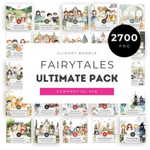Könnte beinhalten: Eine Sammlung von Aquarell-Clipart mit verschiedenen Märchenillustrationen. Das Bild zeigt Buchcover mit Titeln wie "Gulliver's Travels", "The Railway Children" und "Pride & Prejudice". Der Text "FAIRYTALES ULTIMATE PACK" ist ebenfalls sichtbar.