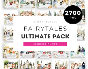 Fairytales Clipart Bundle, 94 Classic Stories PNG Packs, Ultimate Fairytale Illustrations for Kids, Vintage Book Style, Digital Fables Art