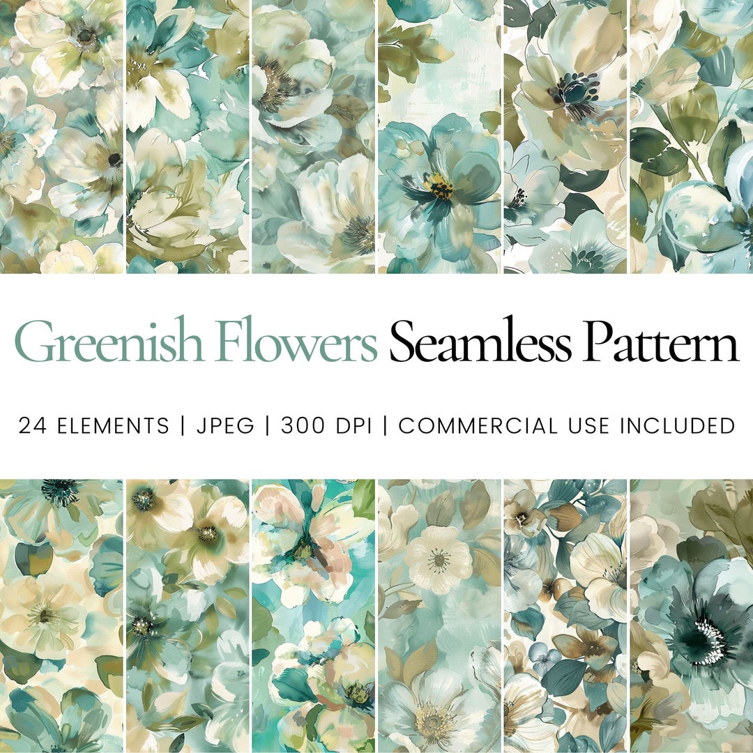 Greenish Floral Seamless Pattern Set, Watercolor Flower Digital Paper ...
