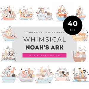 Whimsical Noah’s Ark clipart bundle, cute pastel animal illustrations sailing in the ark for nursery wall art, baby shower invitations