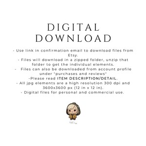 Pode incluir: Instru&ccedil;&otilde;es de download digital para um conjunto de imagens de alta resolu&ccedil;&atilde;o. O texto explica como baixar os arquivos do Etsy, descompactar a pasta e acessar os elementos individuais. As imagens s&atilde;o de 3600x3600 pixels (12 polegadas por 12 polegadas) e s&atilde;o adequadas para uso pessoal e comercial.