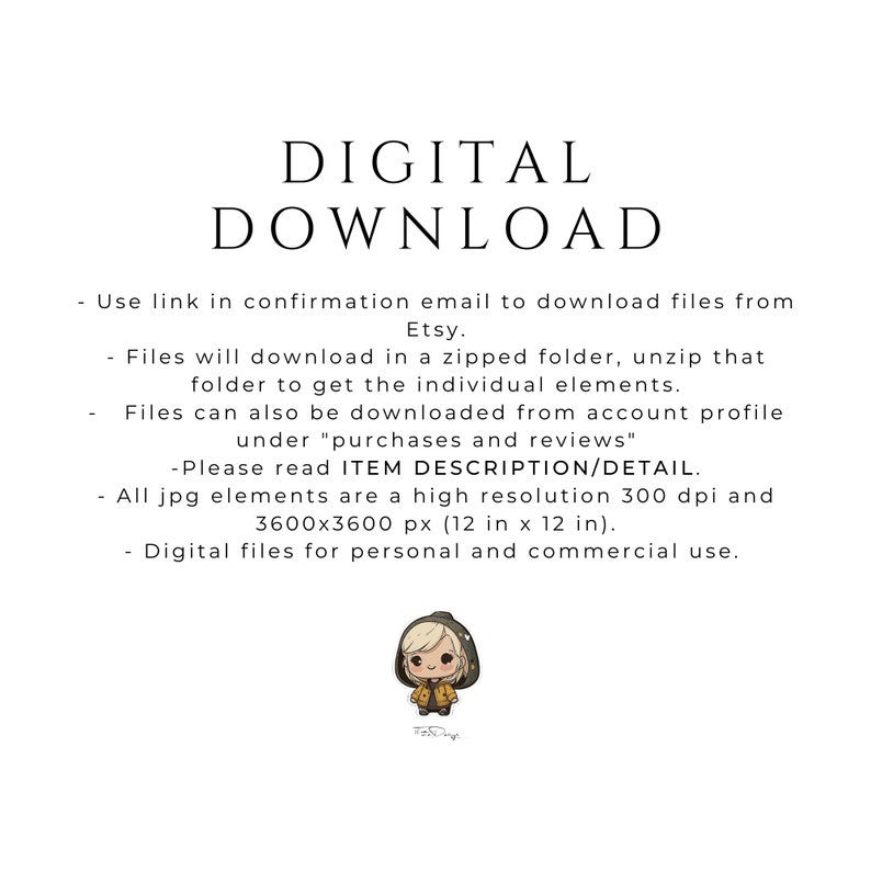 Pode incluir: Instru&ccedil;&otilde;es de download digital para um conjunto de imagens de alta resolu&ccedil;&atilde;o. O texto explica como baixar os arquivos do Etsy, descompactar a pasta e acessar os elementos individuais. As imagens s&atilde;o de 3600x3600 pixels (12 polegadas por 12 polegadas) e s&atilde;o adequadas para uso pessoal e comercial.