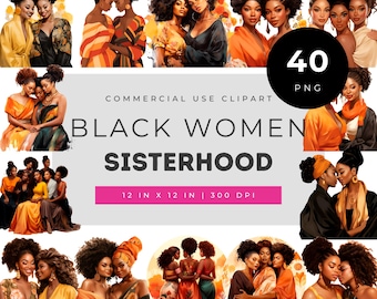 Clipart-Paket zum Thema Schwesternschaft schwarzer Frauen, PNG-Set zur Freundschaft afroamerikanischer Frauen, Kunstpaket zur Stärkung von Frauen, druckbare Vorlagen für kommerzielle Nutzung