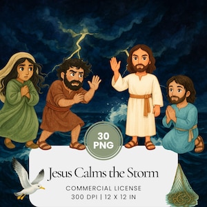 Puede incluir: Ilustración de Jesús calmando una tormenta, con figuras vestidas con túnicas y un fondo de mar tormentoso. La imagen incluye el texto "Jesus Calms the Storm" y "Commercial License". También hay una gaviota y una red de pesca.