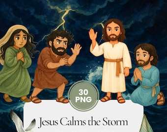 Jesus Calms the Storm watercolor clipart, Bible story illustrations, Christian children art, Sunday school designs, faith fussy cuts bundle