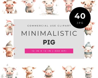 Minimalist Pig Clipart JPG Bundle, Cute Baby Pig Watercolor Illustration, Farm Nursery Animal Art, Printable Decor Set