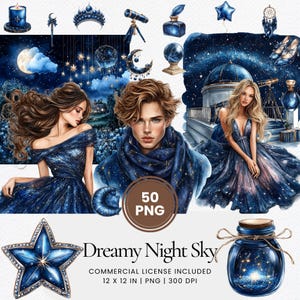 Dreamy Night Sky Clipart - 50 PNG - Digital Planner, Junk Journal, Commercial Use, Sublimation, Scrapbooking, Cards, Stickers, Mugs, Scene