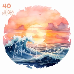Ozean-Sonnenuntergang-Szene-Clipart – 40 hochwertige JPGs – digitaler Planer, Junk Journaling, Aquarell, kommerzielle Nutzung, digitaler Download, Tassen