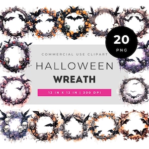 Halloween wreath clipart bundle, spooky skull and bat floral frame png set, gothic vintage halloween border watercolor illustration pack