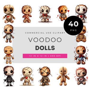 Voodoo doll watercolor clipart bundle, stitched rag dolls with pins and hearts, creepy cute halloween collection, spooky stitched art set