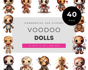Pacote de clipart em aquarela de bonecas vodu, bonecas de pano bordadas com alfinetes e corações, coleção assustadoramente fofa de Halloween, conjunto de arte bordada assustadora.