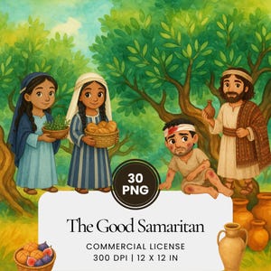 Puede incluir: Ilustración en acuarela que representa una escena de "El Buen Samaritano". La imagen presenta varias figuras con vestimenta bíblica, incluido un hombre con una herida en la cabeza, y otros que llevan cestas y cerámica. El fondo incluye árboles y una pancarta blanca.